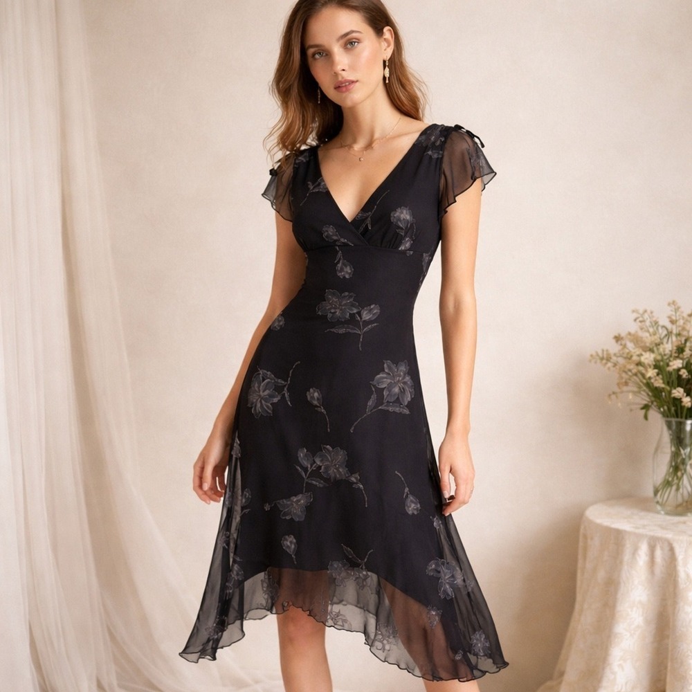Byer Too! Floral Mesh Dress‎ Womens M Black Silver Glitter Whimsigoth Y2K 90s